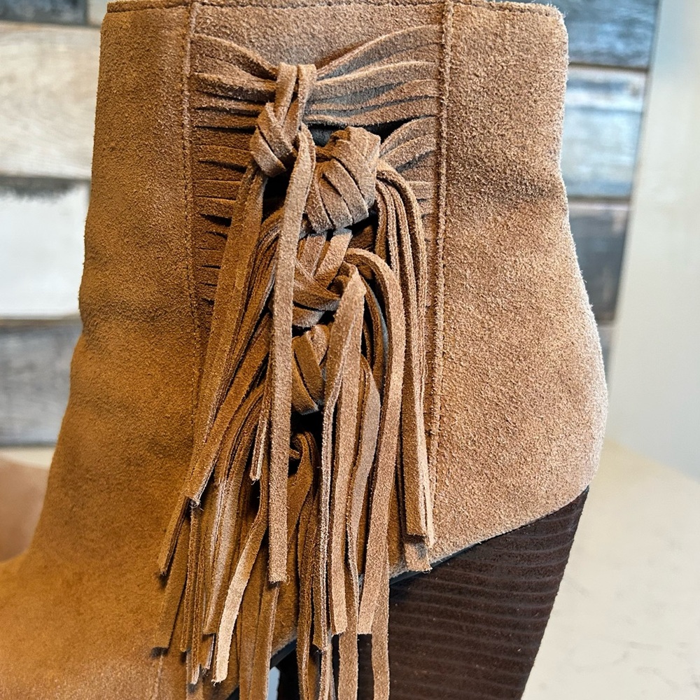 Very Volatile Dreamcatch Suede Leather Fringe Stacked Block Heel Ankle Boots - Picture 6 of 16